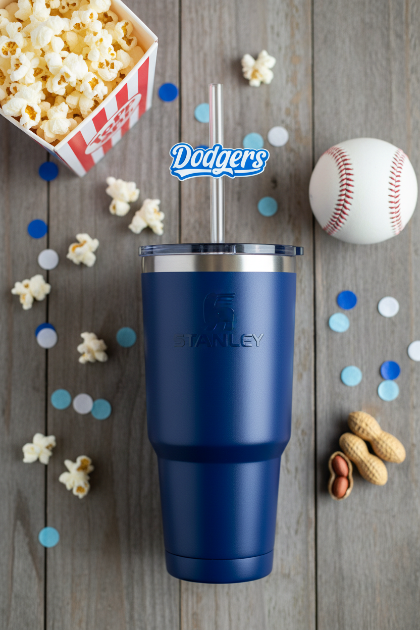 Dodgers straw charm on a navy Stanley cup tumbler with game day props
