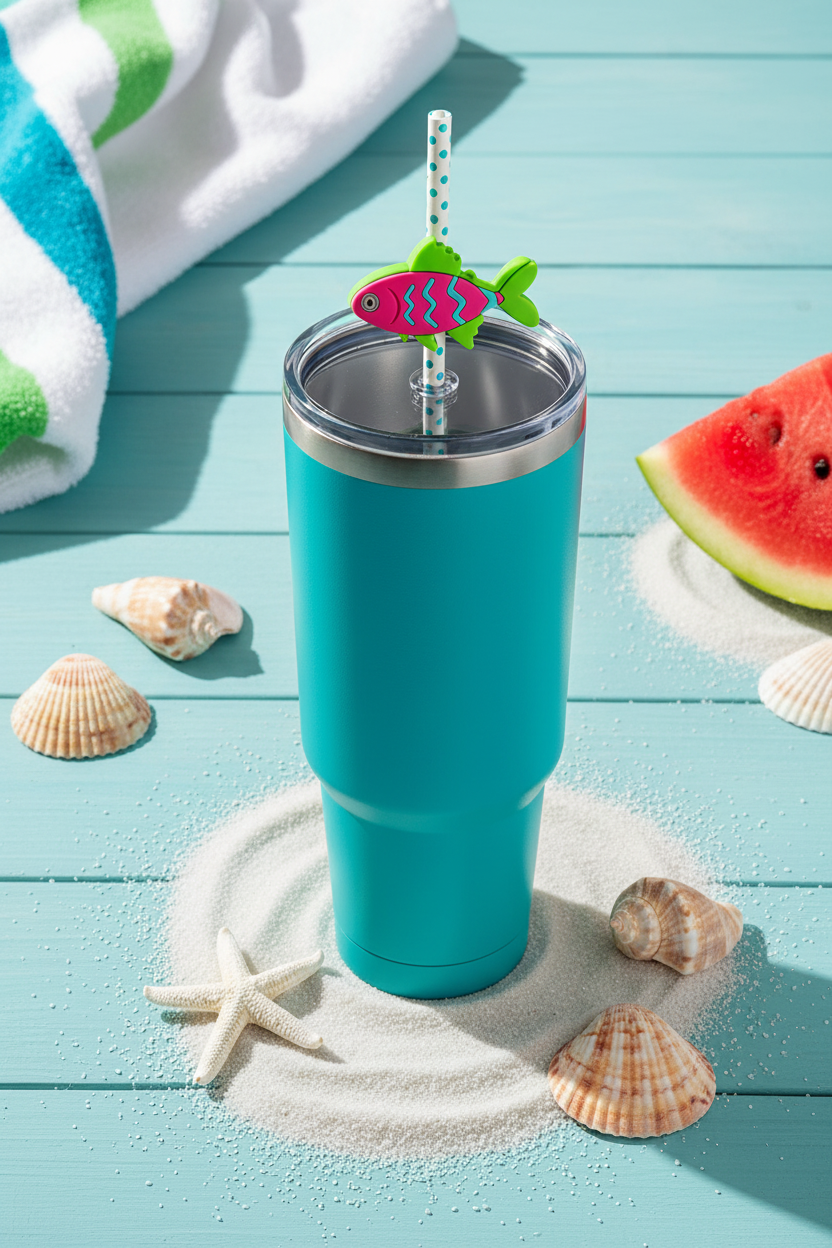 Colorful fish straw charm on a turquoise Stanley cup with coastal beach props