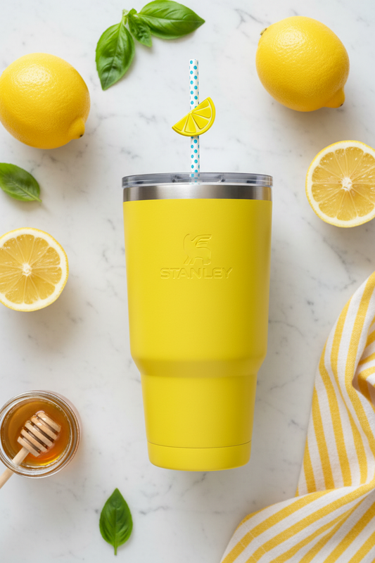 Lemon slice straw charm on a yellow Stanley cup with sunny citrus flat-lay props