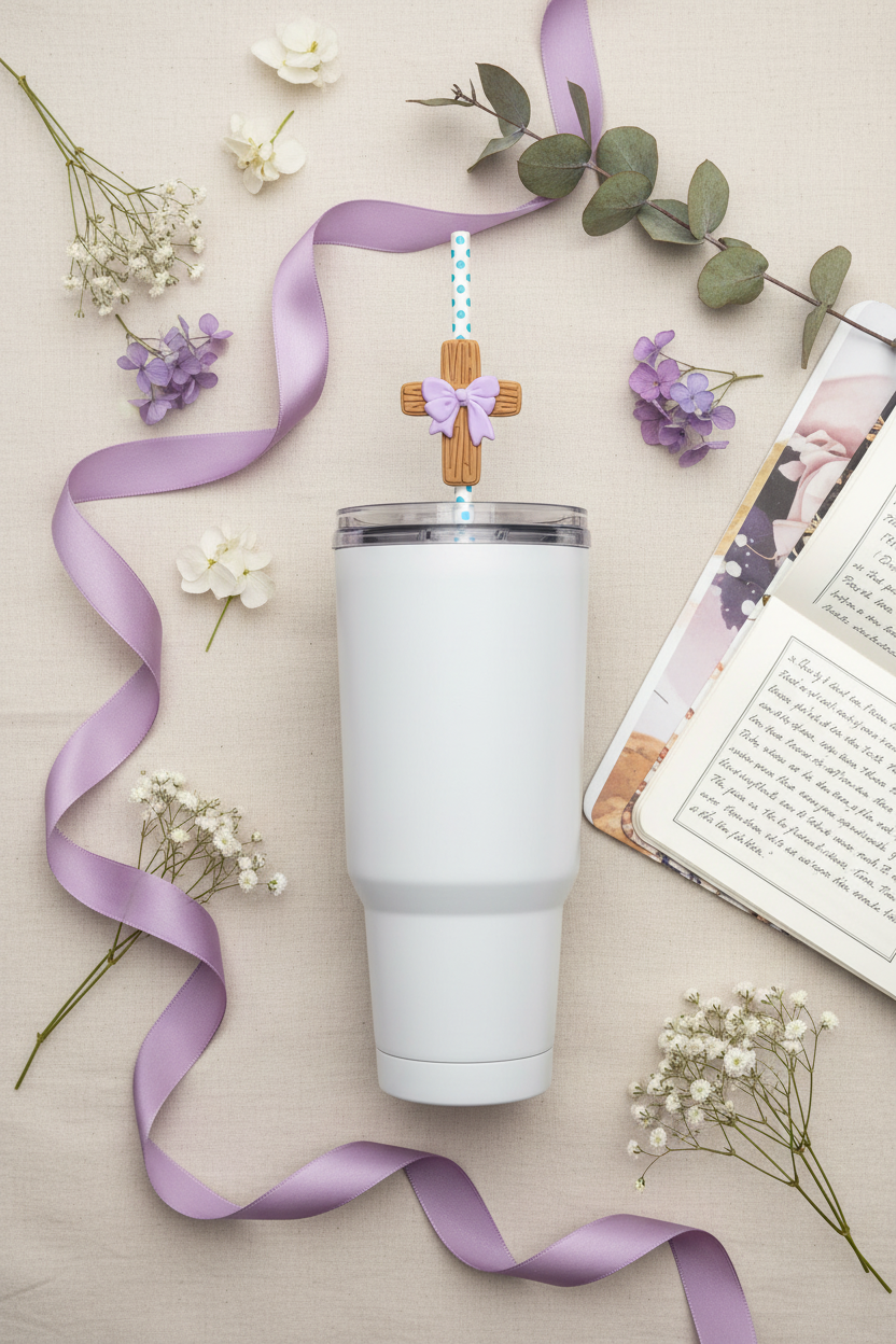 Cross with purple bow straw charm on a white Stanley cup with faith-inspired flat-lay props
