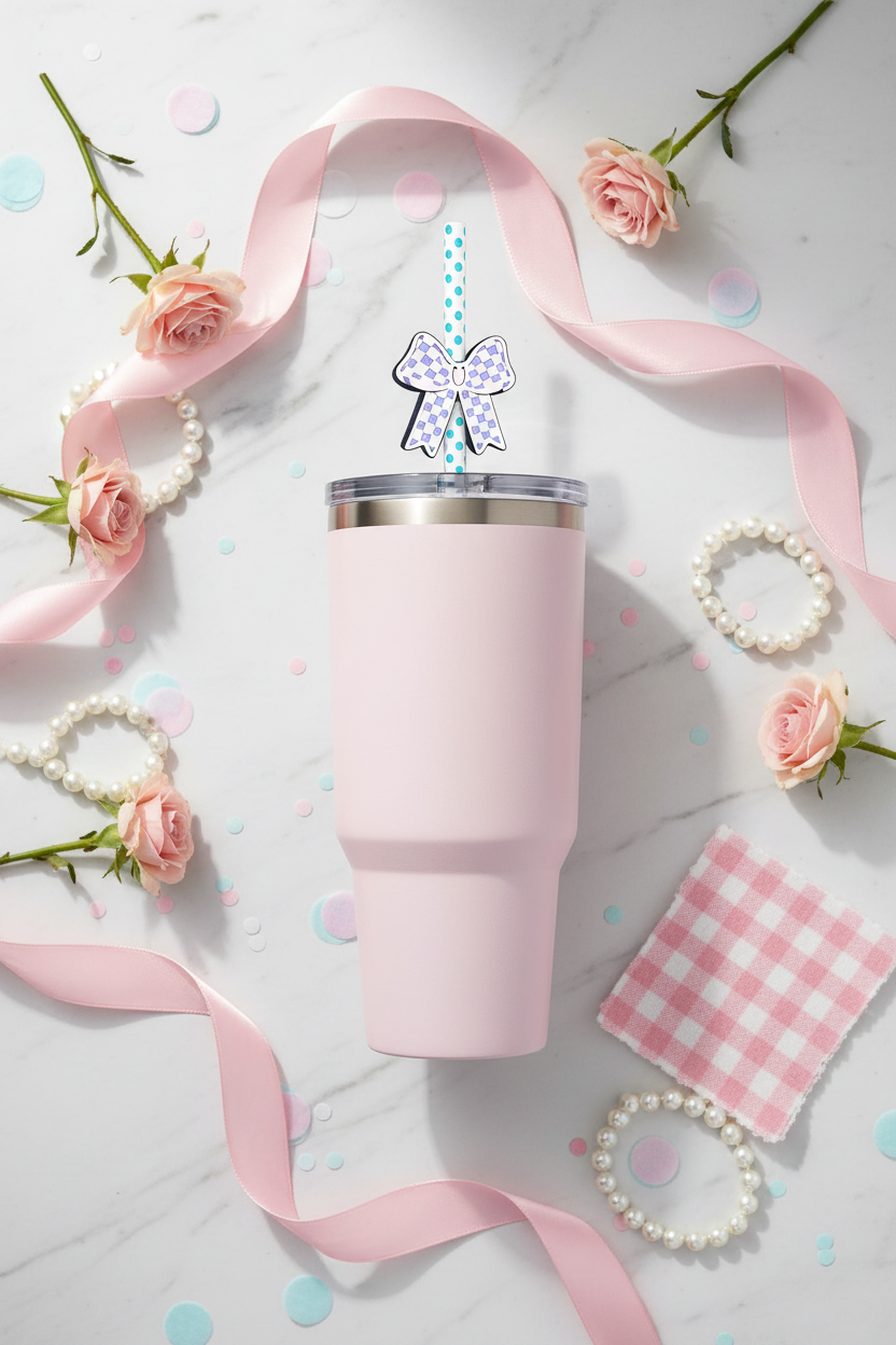 Pink Checkered Bow Straw Charm Lifestyle