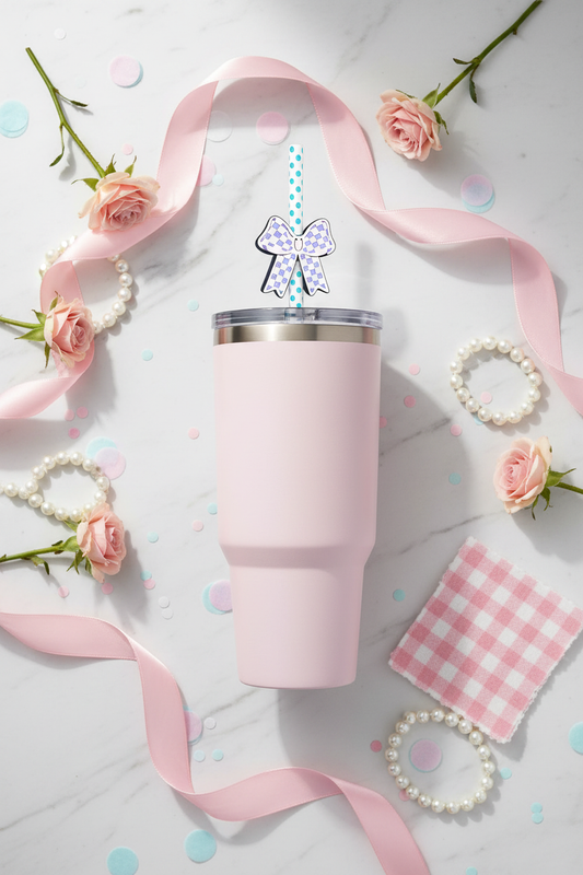Pink Checkered Bow Straw Charm Lifestyle